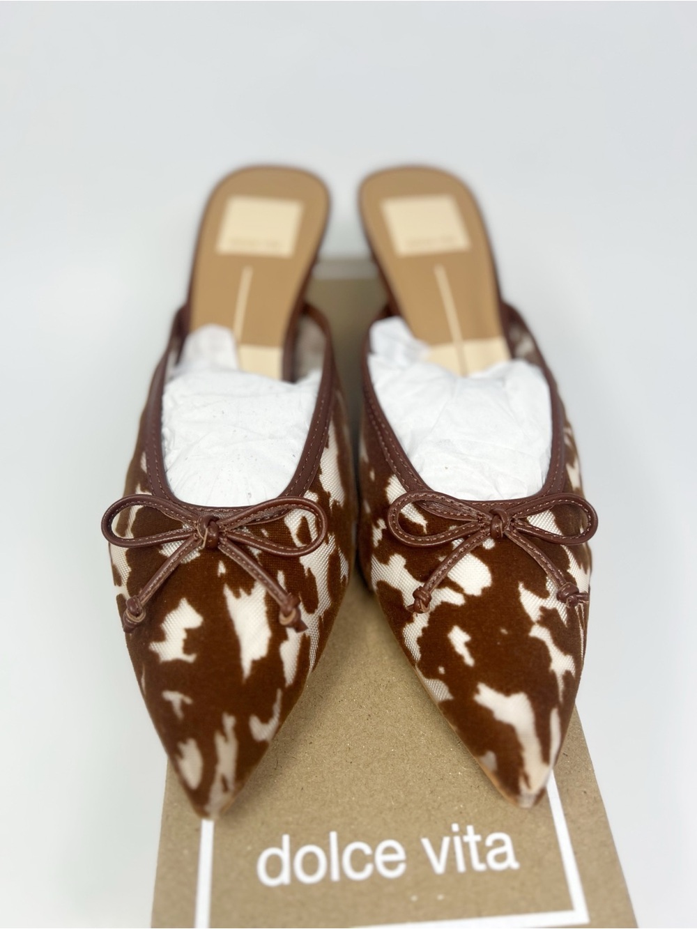 Dolce Vita Brown and Cream Cowhide Print Pointed Mule Heels - Picture 5 of 9